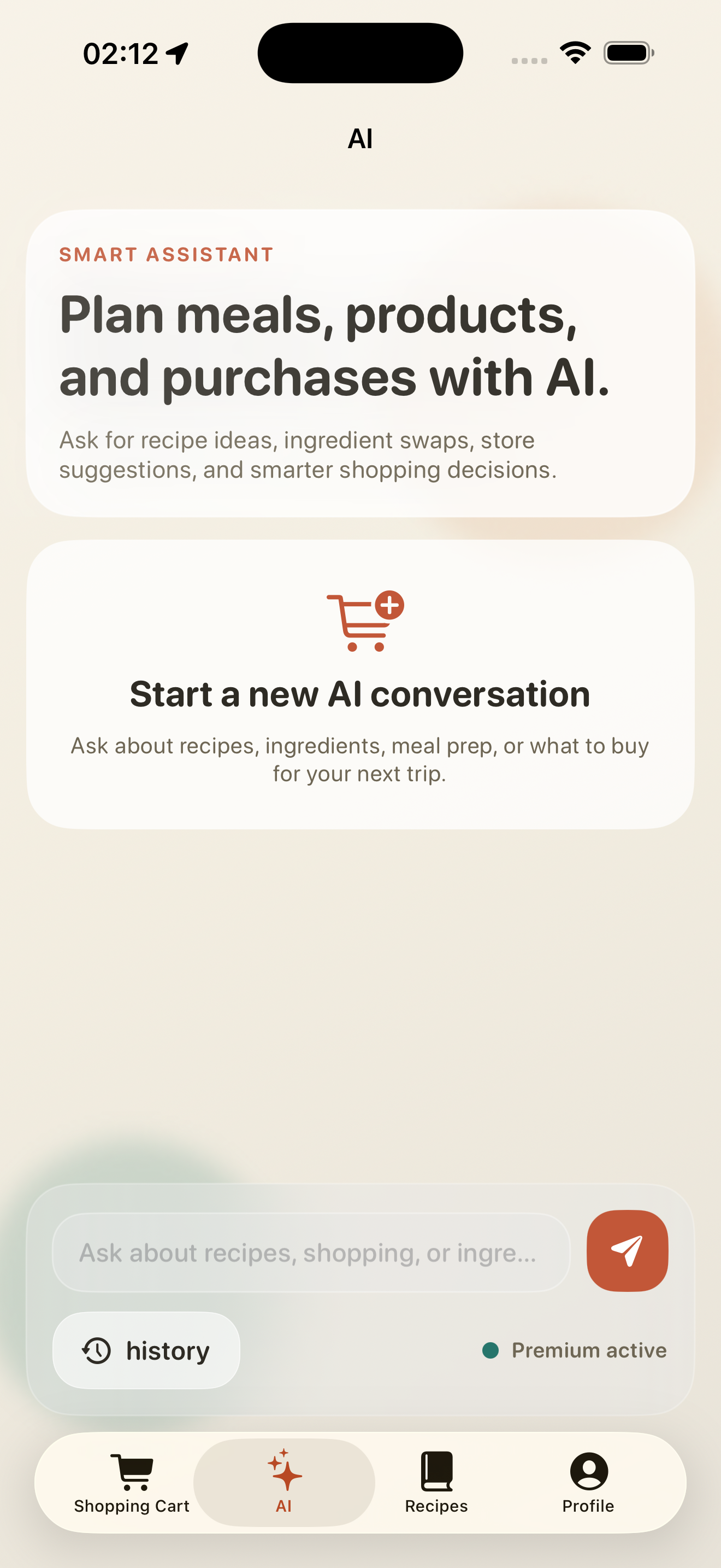 AI shopping assistant screen for recipes and shopping list planning