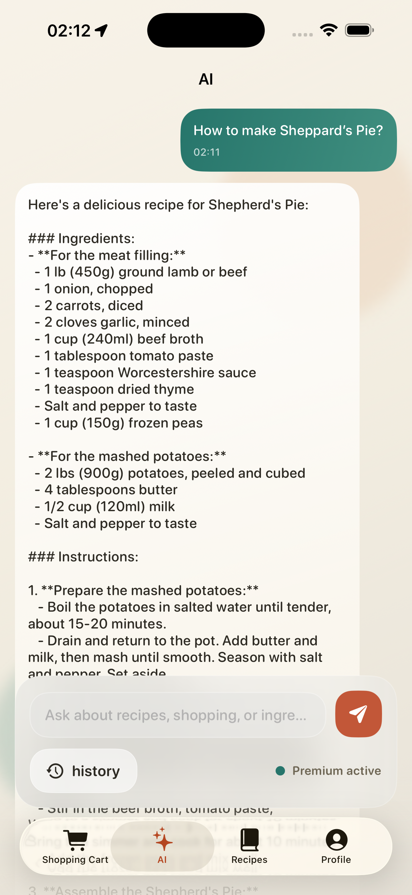 Shopping Cart AI assistant creating a grocery list from a recipe