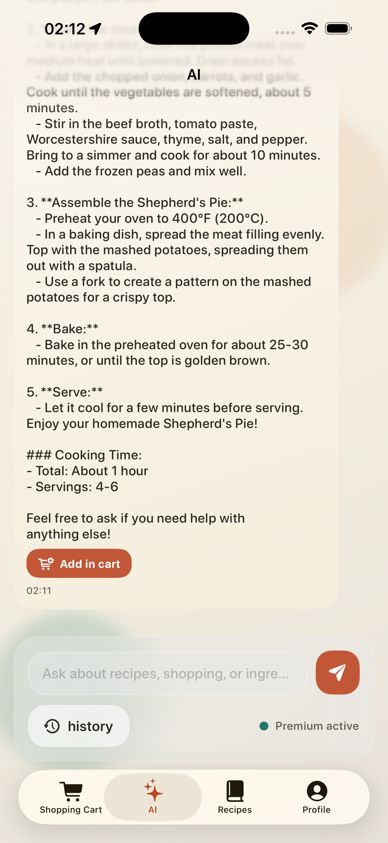 AI generated shopping list inside the Shopping Cart app