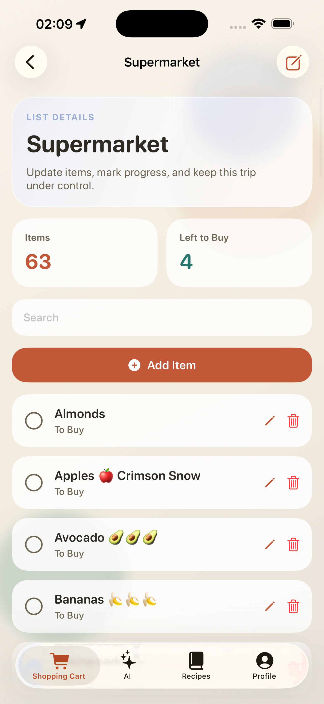 Shopping Cart App - Shopping List