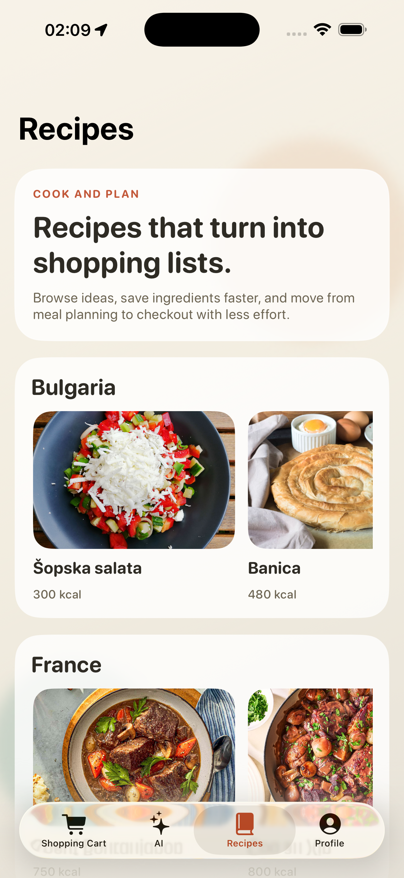 Shopping Cart App - Recipes Screen